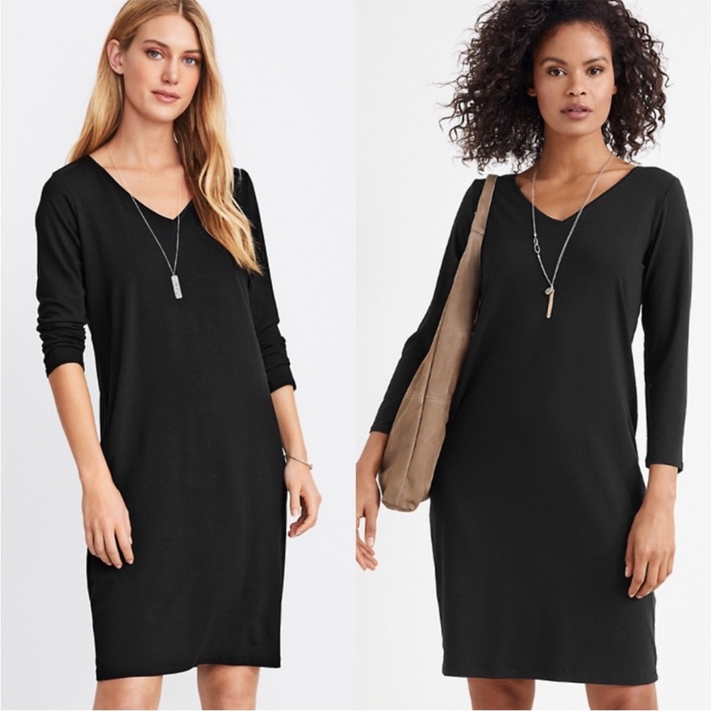 Eileen Fisher Black Long Sleeve V-Neck Knit Dress